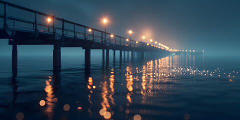Dreamy Coastal Nights Pier with Lights Artwork, Peaceful Pier Ocean Horizon and Lights Illustration