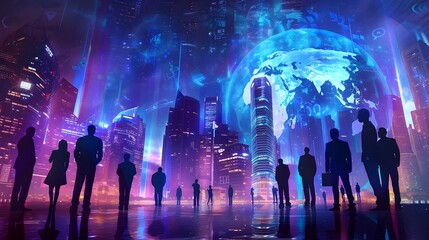 Futuristic Holographic Cityscape with Pulsing Lights and Immersive Global Data Visualization