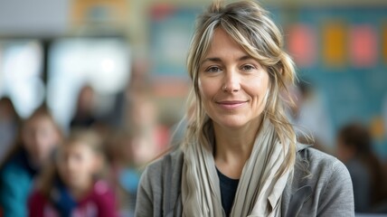 Obraz premium Female Teacher with Bun Hairstyle in a Busy Classroom Environment