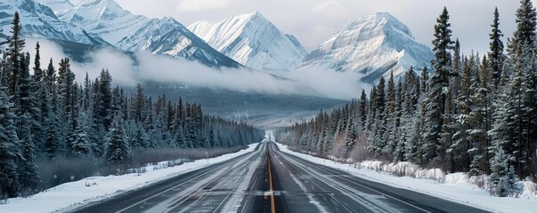 Snow-covered road leading to majestic snow-capped mountains surrounded by pine forests, creating a serene winter landscape. - Powered by Adobe