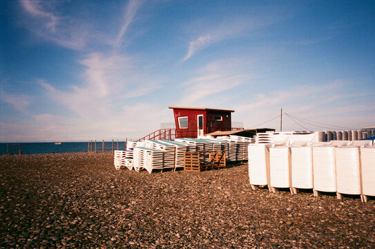 Lifeguard house and lounger rental on seashore