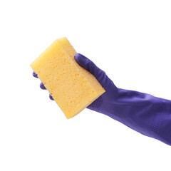 Female hand wearing a cleaning glove and holding a sponge