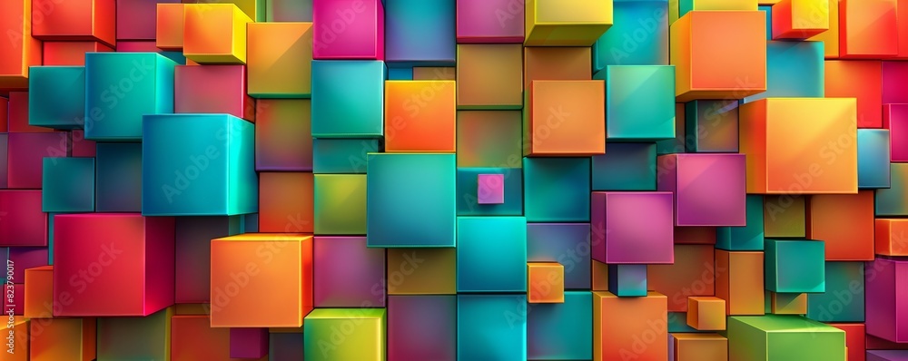 Poster vibrant 3d cubes in various colors creating a dynamic and abstract geometric background, perfect for