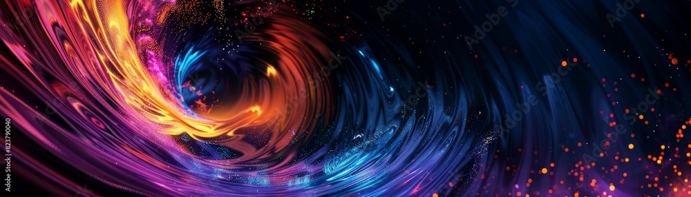 Poster vibrant, swirling digital abstract art with neon colors blending dynamically, creating a mesmerizing