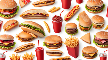 Fast food on white background, Generative AI