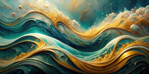 Abstract fluid art painting with natural luxury vibes, featuring waves and golden swirls 