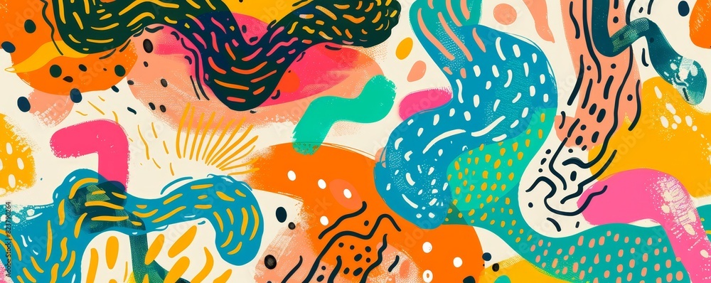 Aufkleber vibrant abstract artwork with colorful shapes and patterns, featuring bold brush strokes, wavy lines