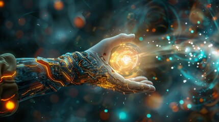 A detailed robotic hand with intricate circuits holds a bright, glowing orb. The background features dynamic, ethereal lights in a virtual space, creating a mesmerizing and futuristic atmosphere.