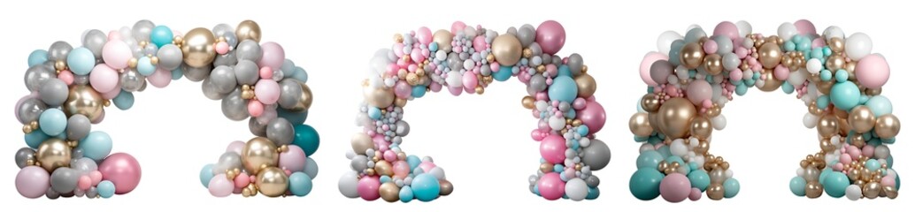 Set of Gray Pink Turquoise Gold glam balloon party garland arch gate entrance on transparent cutout PNG file. Mockup template for artwork design