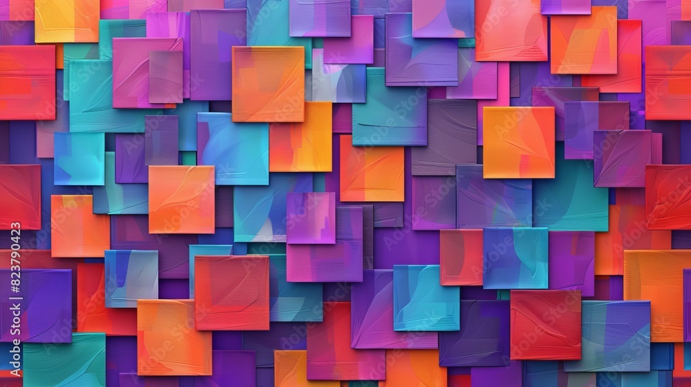 Poster vibrant abstract background with overlapping colorful squares in shades of purple, orange, and blue,