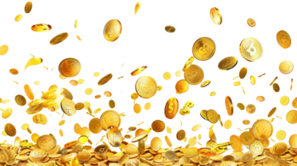 Gold coins fall from the sky, money explosion, earning , money rain, on white background 