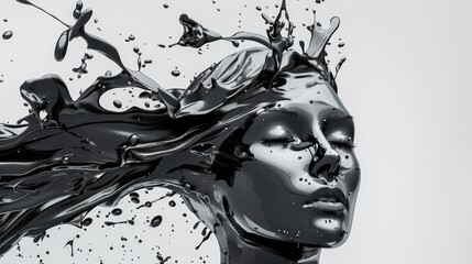 Liquid paint splash forming a female face shape isolated on a gray background.
