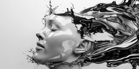 Liquid paint splash forming a female face shape isolated on a gray background.