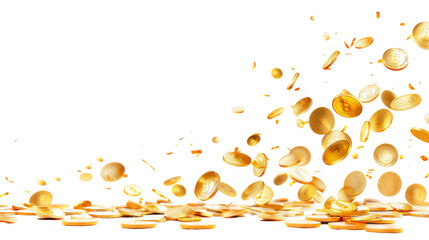 Gold coins fall from the sky, money explosion, earning , money rain, on white background 