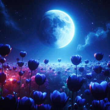 Generative AI Captivating CGI digital cinematic anime image blends vibrant colors with somber tones, The scene is illuminated from below, dramatic light across the landscape. blue full moon backlights