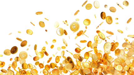 Gold coins fall from the sky, money explosion, earning , money rain, on white background 