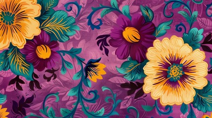 Vibrant floral pattern with yellow, purple, and teal flowers on a magenta background, perfect for textiles and wallpapers.