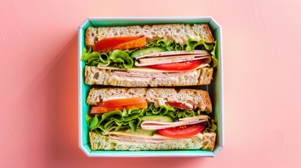 Top view of sandwich in lunch box isolated on pastel background.