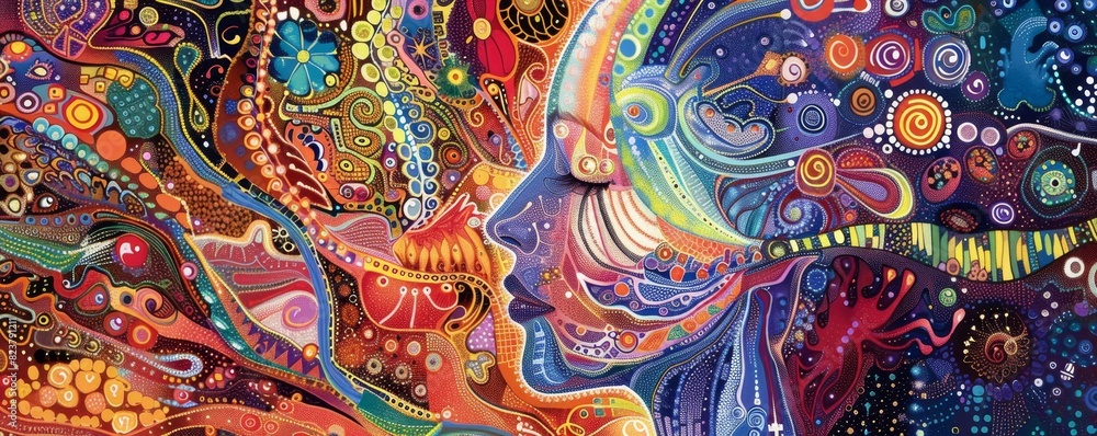 Poster vivid abstract illustration depicting colorful patterns, mystical elements, and a mesmerizing array 