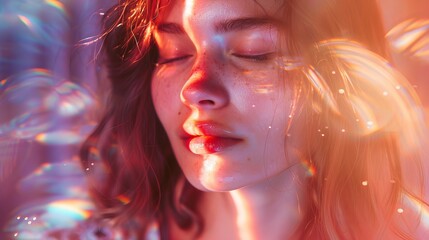 Obraz premium Young woman with closed eyes in dreamy, ethereal light. Soft colors and gentle hues evoke a sense of calm and introspection.