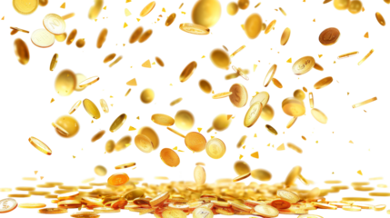 Gold coins fall from the sky, money explosion, earning , money rain, on white background 