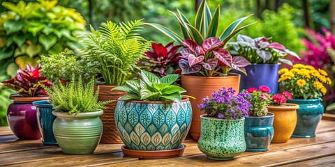 Assortment of vibrant plants displayed in stylish ceramic pots 