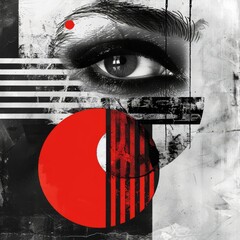 a poster with a woman's eye and a red circle with a black dot on it,black and white and red collage high contrast 