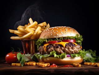 Mouthwatering Cheeseburger and golden french fries on a dark background