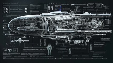 Detailed blueprint of a spaceship featuring a diagram of its various parts and components for construction and assembly.