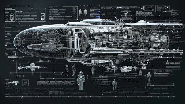 Detailed blueprint of a spaceship featuring a diagram of its various parts and components for construction and assembly.