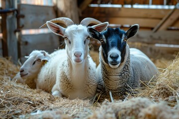 Naklejka premium goat and sheep in farmyard