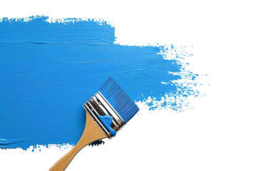 Paint roller, blue paint on white background