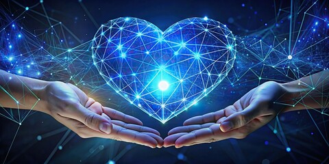 Blue heart shape network being exchanged between hands, representing health data and information sharing, with love as a virtual gift through generative AI technology