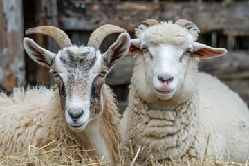 Fototapeta premium goat and sheep in farmyard