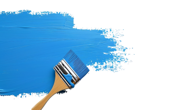 Paint roller, blue paint on white background