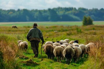 Obraz premium shepherd guiding sheep in the mountains