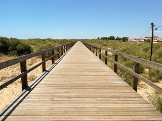 Fototapeta premium Pasarelas de madera que llevan a la playa. Tavia, Sur de Portugal. 