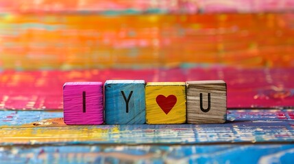 Wooden blocks with text I love you on colorful background