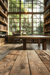A wooden table in the foreground with a blurred background of a library reading room. The background features tall bookshelves filled with books, comfortable reading chairs and large windows