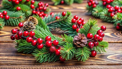 Christmas fir garland with red berries and pine wreath on background