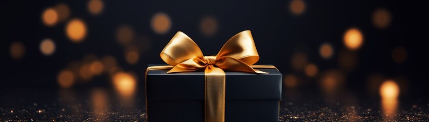 Black gift box with golden ribbon and bow 