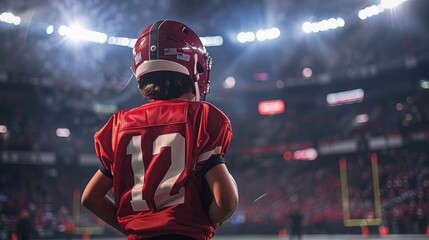 Photo of a kid in a red football uniform standing on the stadium field with a ball, taken from behind his back, with lights and fans in the background, with a wide angle view. - Powered by Adobe