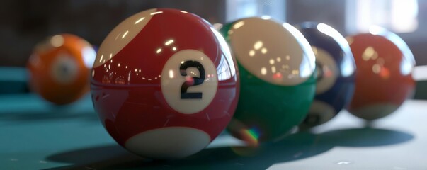 Closeup of a pool ball, focusing on the shiny surface and number, with the billiard table and other balls slightly out of focus