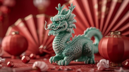 Fototapeta premium Chinese dragon sculpture with red background and festive atmosphere