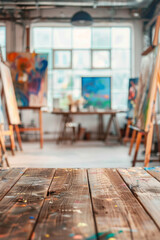 A wooden table in the foreground with a blurred background of an art studio. The background includes easels with canvases, paintbrushes, palettes, colorful paintings on the walls, and shelves