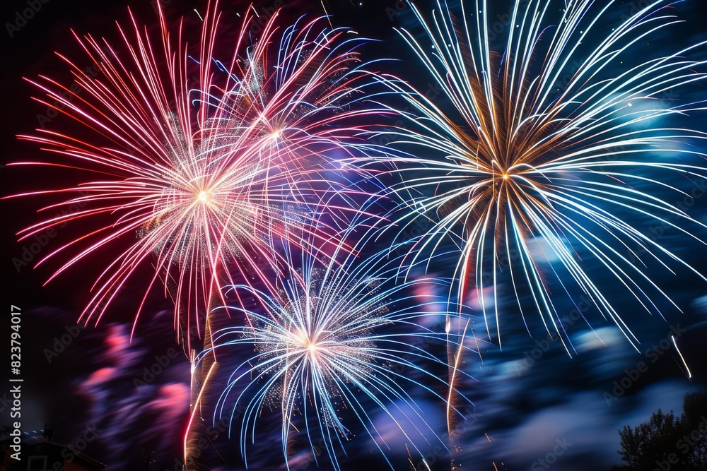 Poster detailed closeup of a 4th of july fireworks display, capturing the vibrant colors and patterns in th
