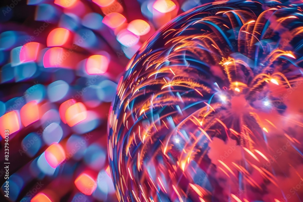 Poster detailed closeup of a 4th of july fireworks display, capturing the vibrant colors and patterns in th