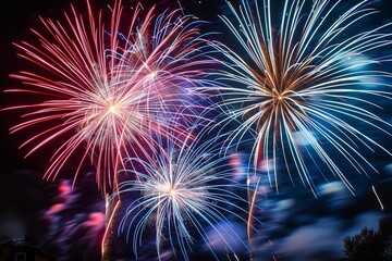 Fototapeta premium Detailed closeup of a 4th of July fireworks display, capturing the vibrant colors and patterns in the sky