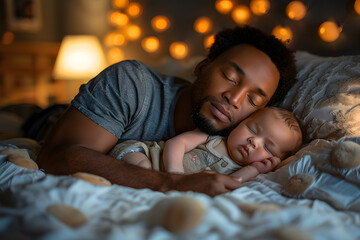 Black man father sleeping with daughter or son child. Caring father hugs his baby tenderly. Father's Day or Children's Day concept
