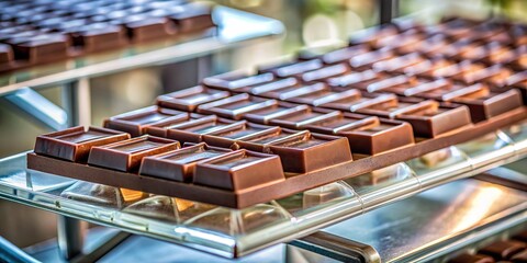 Close-up of hand-cut chocolate bar pieces on see-through platform 